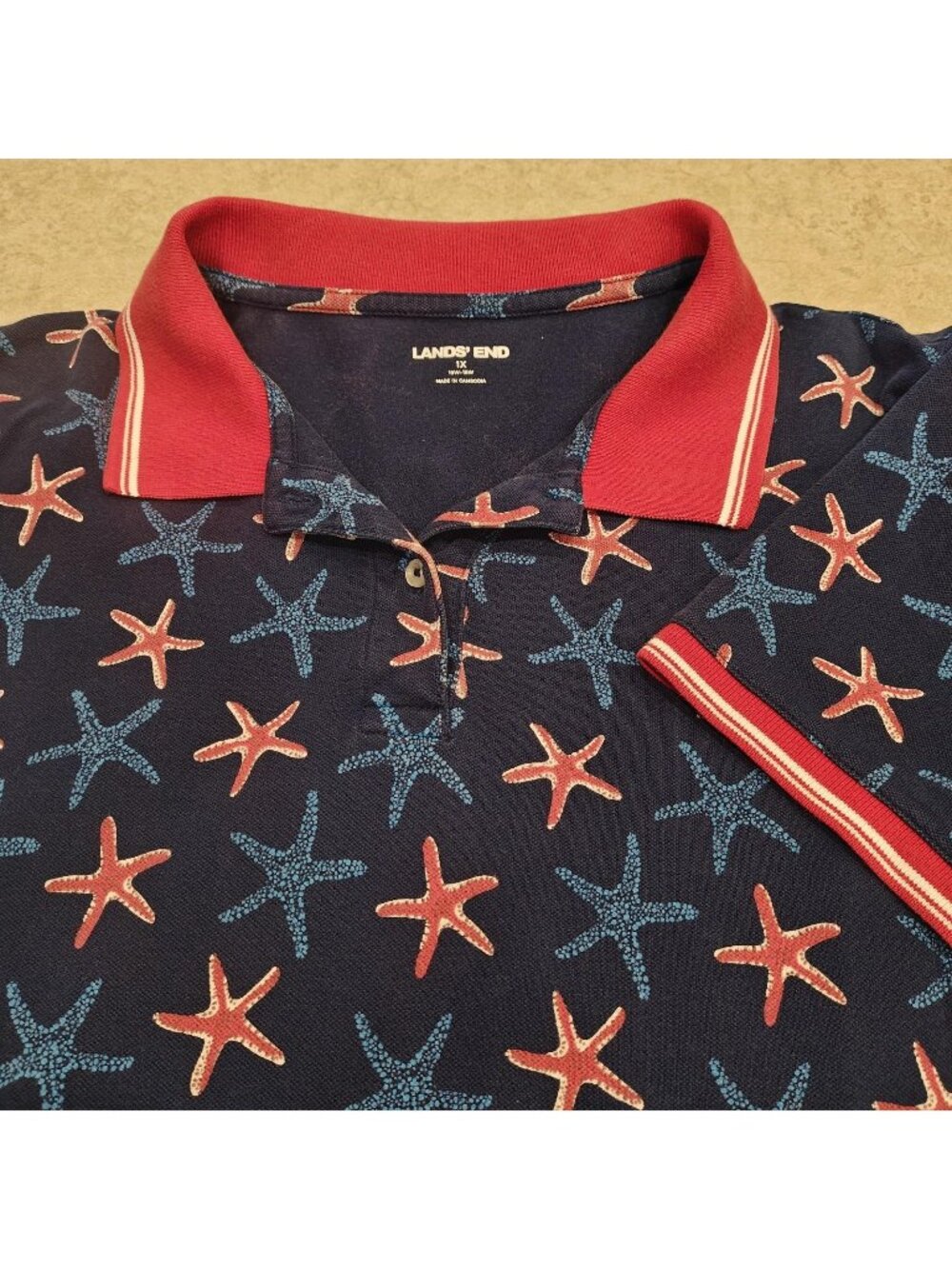 Lands' End Polo Shirt Womens Plus 1X Blue Starfish Print Nautical Short Sleeve